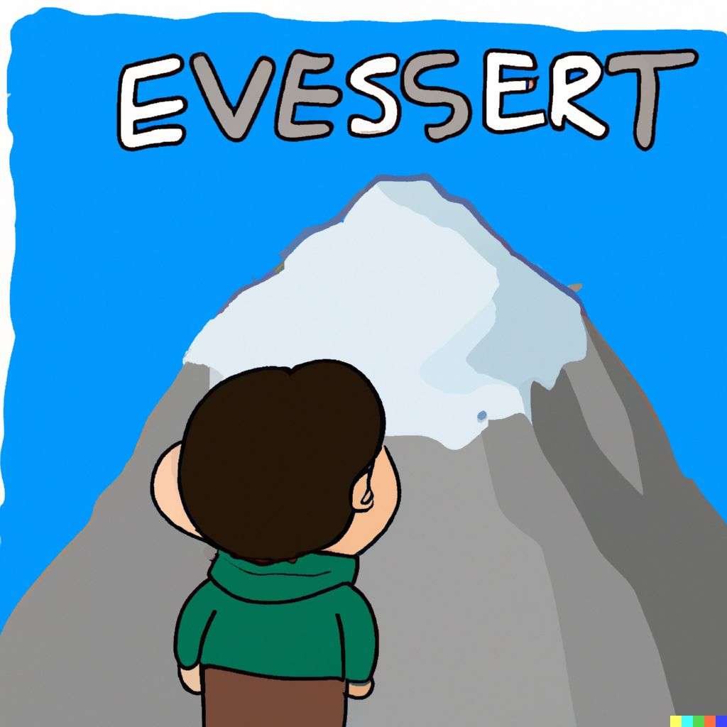 someone gazing at Mount Everest, cartoon, chibi